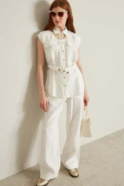 Camicia in lino con cintura - Bianco