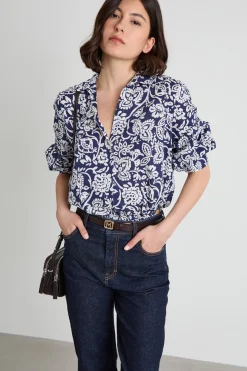 Camicia in mussola a fantasia - Blu Beige