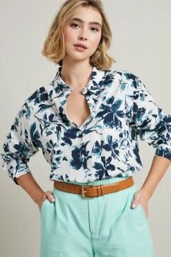 Camicia in popeline a fantasia - Bianco Blu
