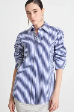Camicia in popeline a righe - Blu Bianco