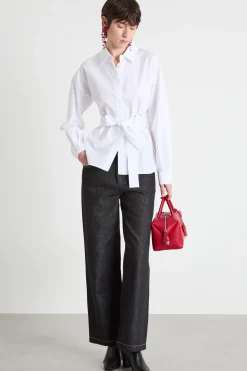 Camicia in popeline con cintura - Bianco