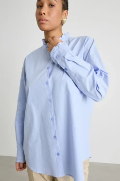 Camicia in popeline con colletto alla coreana - Azzurro