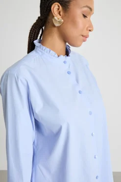 Camicia in popeline con colletto alla coreana - Azzurro