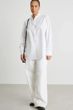 Camicia in popeline con colletto alla coreana - Bianco