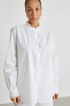 Camicia in popeline con colletto alla coreana - Bianco