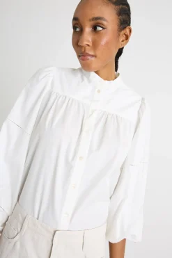 Camicia in popeline con colletto alla coreana - Bianco