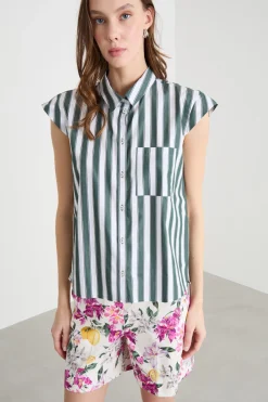 Camicia in popeline con maniche ad aletta - Verde Bianco