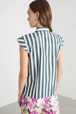 Camicia in popeline con maniche ad aletta - Verde Bianco