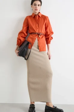 Camicia in popeline con maniche voluminose - Arancione