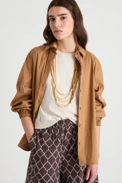Camicia in popeline con maniche voluminose - Cammello