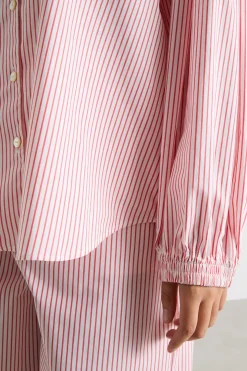 Camicia in popeline con plissé - Rosso Bianco