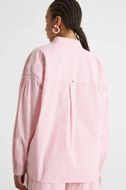 Camicia in popeline con plissé - Rosso Bianco