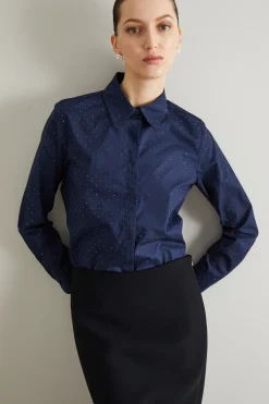 Camicia in popeline con strass - Blu