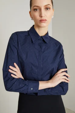 Camicia in popeline con strass - Blu