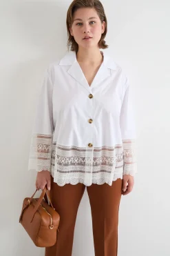 Camicia in popeline e tulle ricamato - Bianco