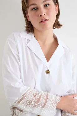 Camicia in popeline e tulle ricamato - Bianco