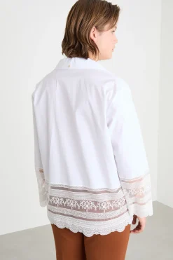 Camicia in popeline e tulle ricamato - Bianco