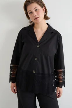 Camicia in popeline e tulle ricamato - Nero