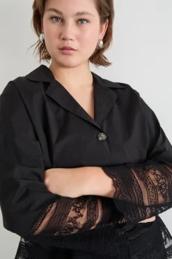 Camicia in popeline e tulle ricamato - Nero