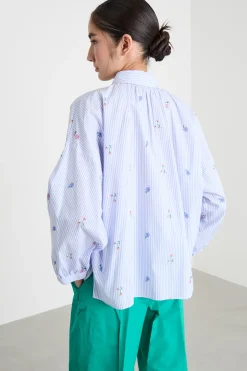 Camicia in popeline ricamato - Azzurro