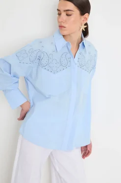 Camicia in popeline ricamato - Azzurro