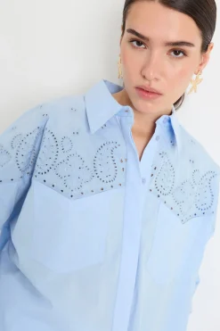 Camicia in popeline ricamato - Azzurro