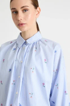 Camicia in popeline ricamato - Azzurro Bianco