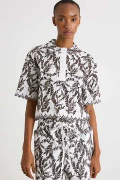 Camicia in popeline ricamato - Bianco Marrone