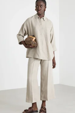 Camicia in tela con maniche tre quarti - Beige