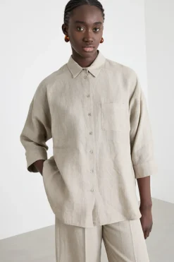 Camicia in tela con maniche tre quarti - Beige