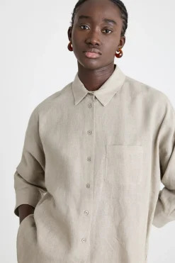 Camicia in tela con maniche tre quarti - Beige