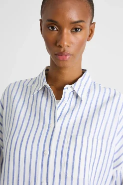 Camicia in tela con maniche tre quarti - Bianco Blu