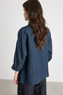 Camicia in tela con maniche tre quarti - Blu