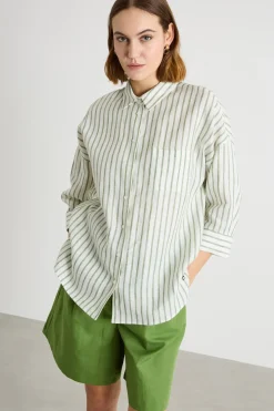 Camicia in tela con maniche tre quarti - Verde Bianco