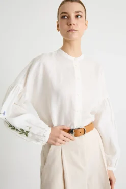 Camicia in tela con motivo ricamato - Bianco