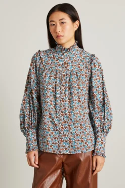 Camicia in twill stampato con rouches - Azzurro Marrone