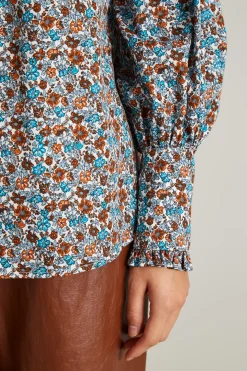 Camicia in twill stampato con rouches - Azzurro Marrone