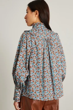 Camicia in twill stampato con rouches - Azzurro Marrone