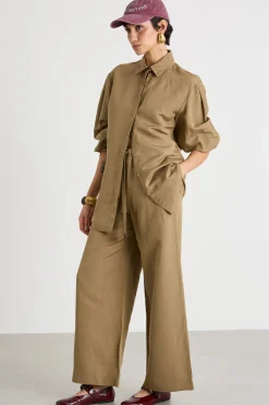 Camicia lunga in in tela - Cammello