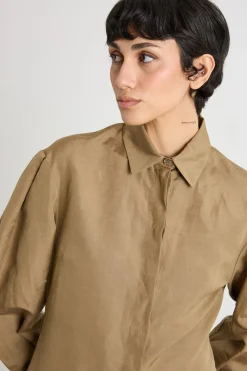 Camicia lunga in in tela - Cammello