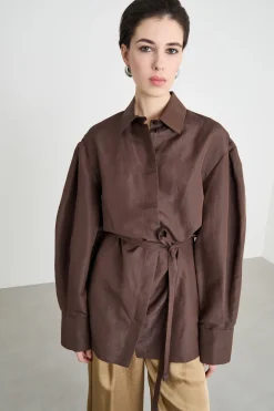 Camicia lunga in in tela - Marrone