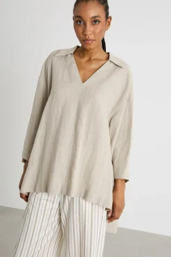 Camicia oversize in tela - Beige
