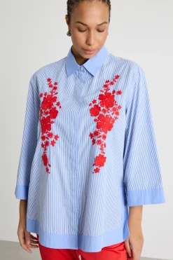 Camicia ricamata con maniche ampie a tre quarti - Azzurro Rosso