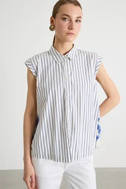 Camicia smanicata con retro a contrasto - Blu Bianco