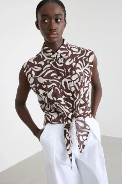 Camicia smanicata in crepe - Marrone Bianco