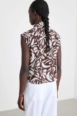 Camicia smanicata in crepe - Marrone Bianco