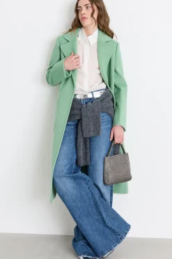 Cappotto a vestaglia in drap con cintura - Verde