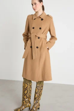 Cappotto doppiopetto con cintura - Cammello
