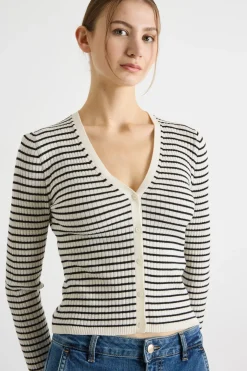 Cardigan aderente con scollo a V - Bianco Nero