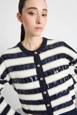 Cardigan a righe con paillettes - Bianco Nero